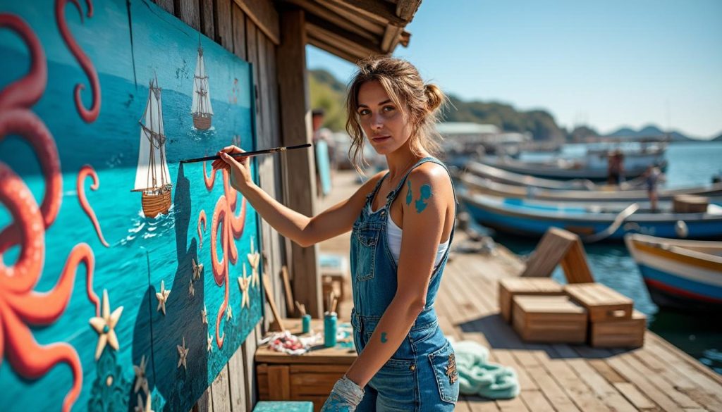découvrez le parcours inspirant d'une peintre qui relève un nouveau défi artistique en créant une fresque unique sur une cabane du port, mêlant créativité et patrimoine local.