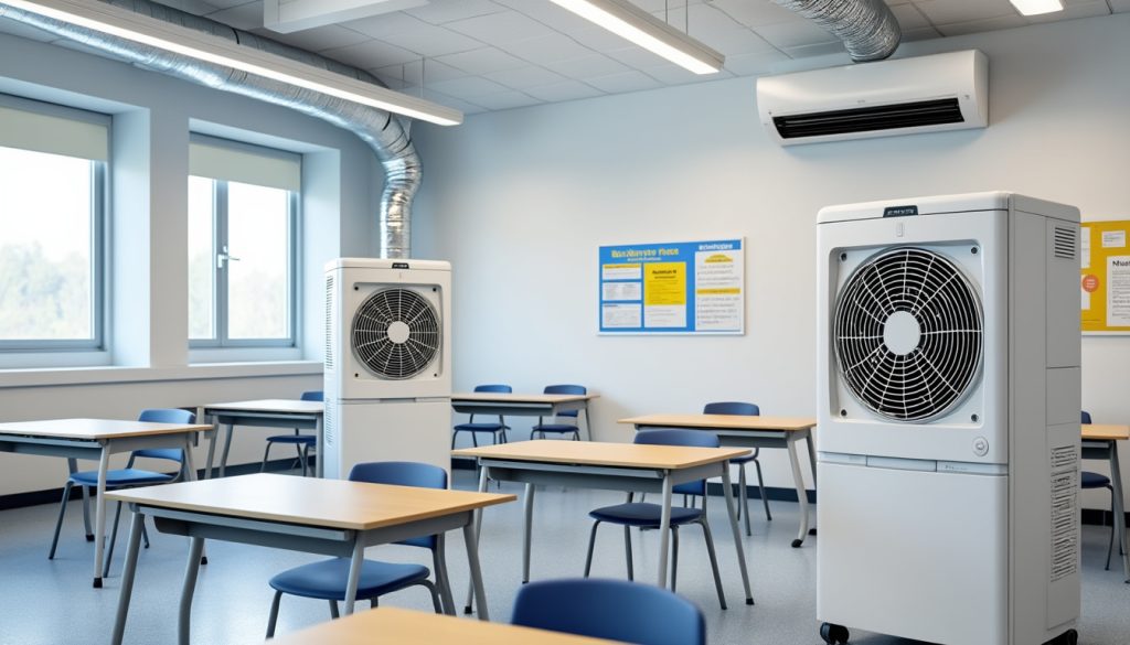 à merlimont, des climatiseurs mobiles sont installés temporairement dans les salles de classe pour améliorer le confort des élèves en attendant l'installation d'un système de climatisation fixe.